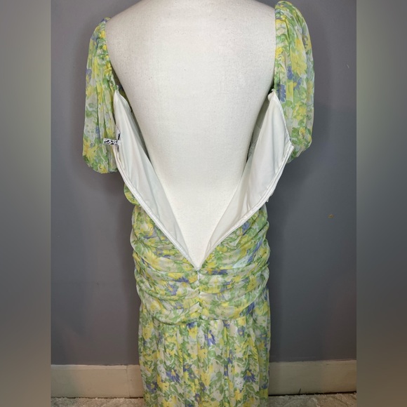ASOS ruched puff sleeve maxi dress white base yellow blue floral print - Picture 10 of 15